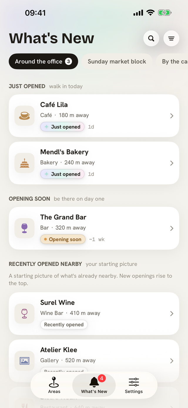 What's New: openings inside your areas, newest first